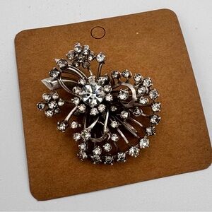 Vintage Silver Tone Rhinestone Brooch 2” Floral Spray